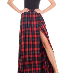 Gonna maxi ruota con spacco laterale tartan – rosso e blu