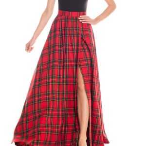 Gonna maxi ruota con spacco laterale tartan – rosso lurex oro
