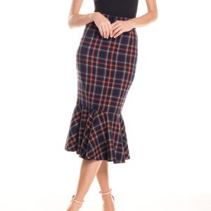 Gonna midi a sirena con ruches tartan – blu e arancio