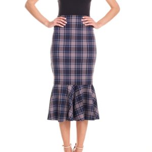 Gonna midi a sirena con ruches tartan – grigio e blu