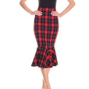 Gonna midi a sirena con ruches tartan – rosso e blu