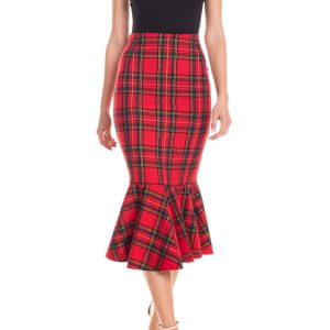Gonna midi a sirena con ruches tartan – rosso lurex oro