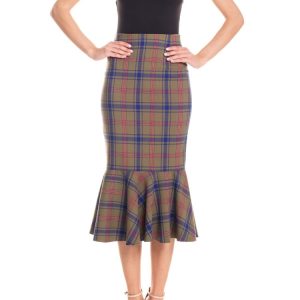 Gonna midi a sirena con ruches tartan – verde e blu